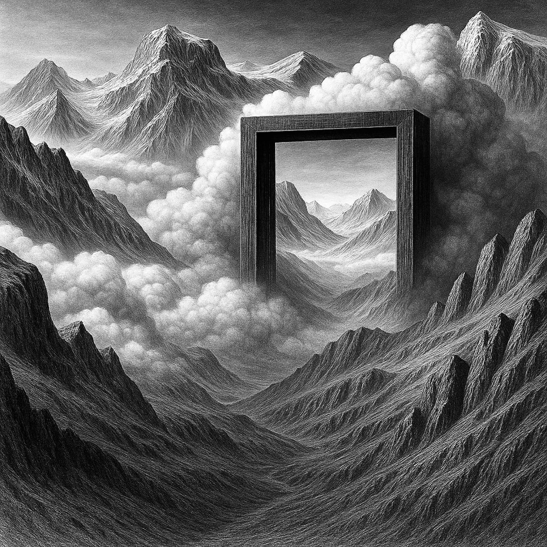Dibujo a tinta de un marco arquitectónico sobre paisaje montañoso entre nubes.