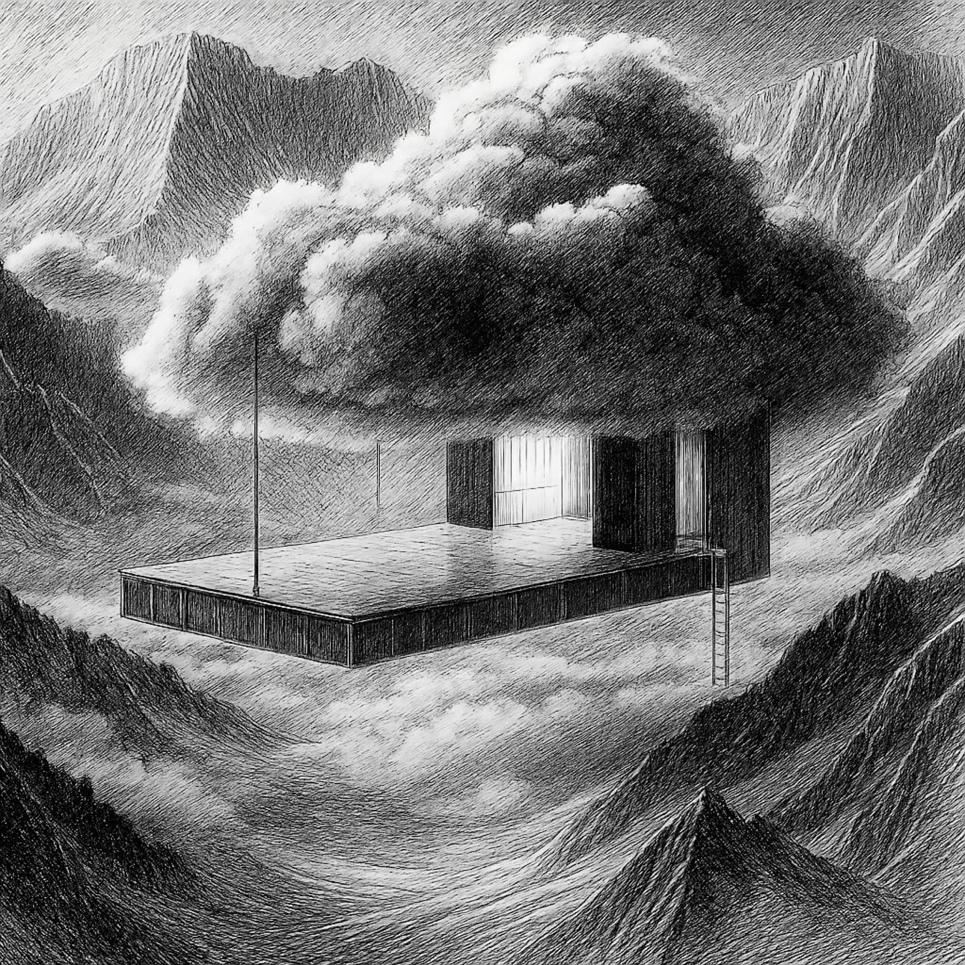 Dibujo de paisaje montañoso con elemento arquitectónico.