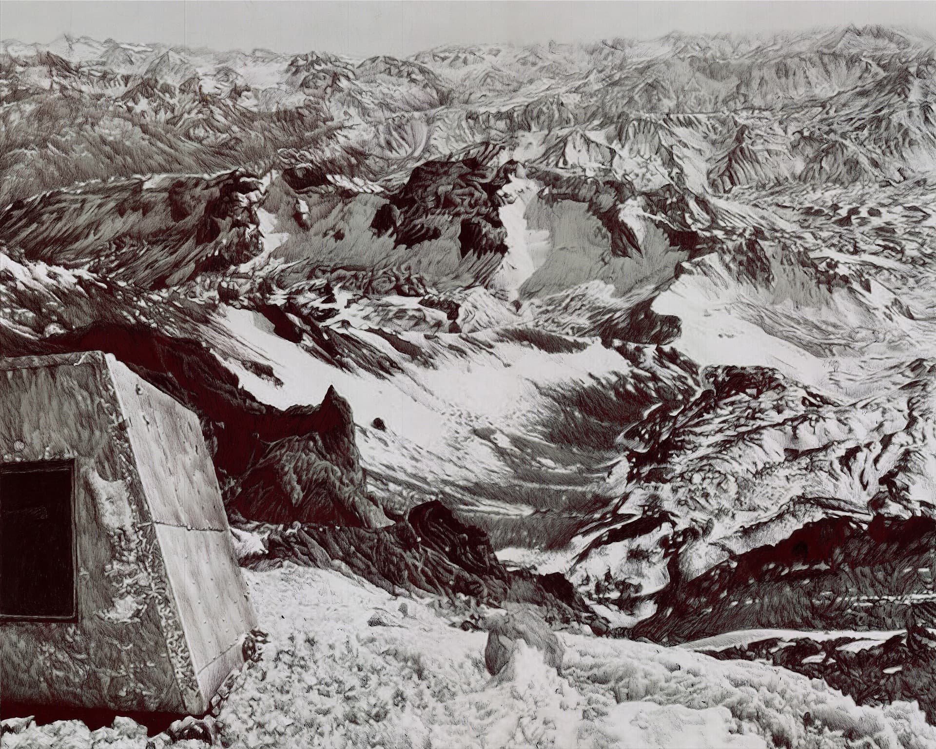 Paisaje montañoso fragmentado en composiciones por capas.