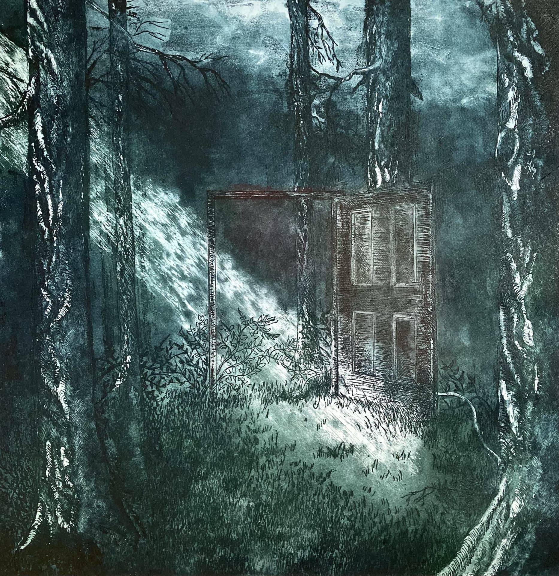 Grabado de puerta en bosque oscuro.